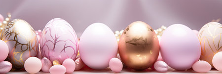 A line of pastel and gold Easter eggs presents a soft, festive atmosphere, embodying the spirit of...