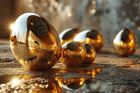 Sunlit golden Easter eggs on a reflective surface, embodying wealth and festivity, luminous celebration, reflective brilliance.の写真素材