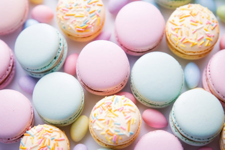 An array of colorful macarons and candies, sprinkled with fun, embodying a sweet treat fantasy.の写真素材