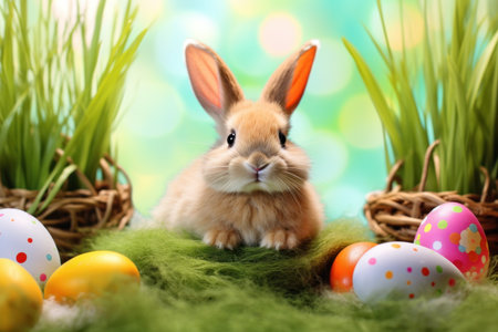 Capture the essence of spring with this adorable bunny surrounded by Easter eggs and fresh tulips, symbolizing renewal and festivity.の写真素材