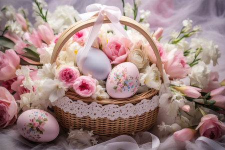 This picture-perfect Easter basket, adorned with pastel eggs and soft pink flowers, captures the essence of the spring seasonの写真素材