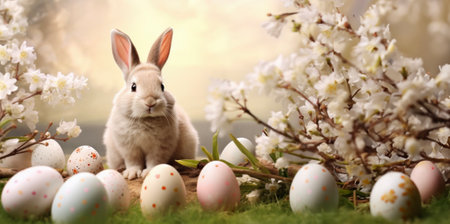 An enchanting rabbit sits with a collection of speckled Easter eggs against a backdrop of soft...