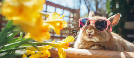 A fashionable bunny wearing sunglasses enjoys the bright spring sunshine among vibrant yellow daffodils, depicting relaxation and joy.の写真素材