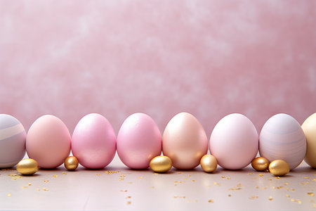 Soft shades of pink and white eggs, accented with gold, create a luxurious Easter setting, suitable for festive and upscale seasonal marketing.の写真素材