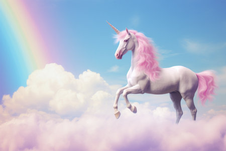 A mythical unicorn against a backdrop of fluffy clouds and a radiant rainbowの写真素材