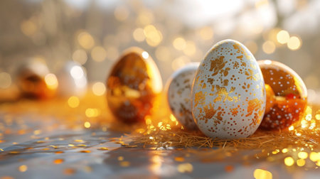 Easter eggs adorned with gold splashes on a sparkling backdrop, showcasing luxury and celebration, glittering Easter eleganceの写真素材