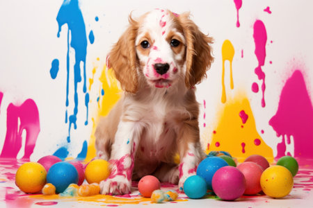 A curious puppy sits among paint-splattered Easter eggs, creating a fun and messy holiday scene.の写真素材