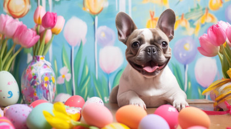 This French Bulldog's lively demeanor perfectly matches the festive array of Easter eggs and the vibrancy of tulips.の写真素材