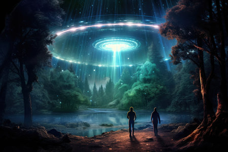 Step into the unknown with this mesmerizing image of a UFO encounter in a mystical forest, sparking imagination and curiosity.の素材