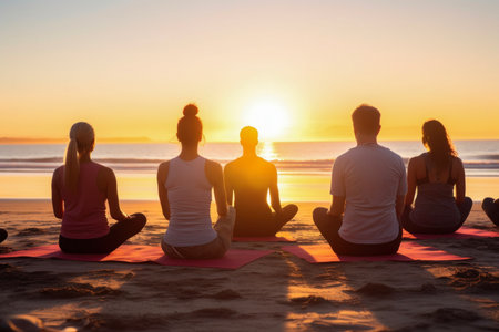 Group of people practicing yoga at sunset on a tranquil beach.の写真素材