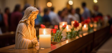 A serene religious scene depicting Jesus Christ in contemplation, with candles and red roses, reflects the solemnity of the Easter Vigil.の写真素材