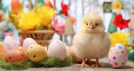 A fluffy chick stands amid a festive Easter scene with painted eggs and spring flowers, embodying...