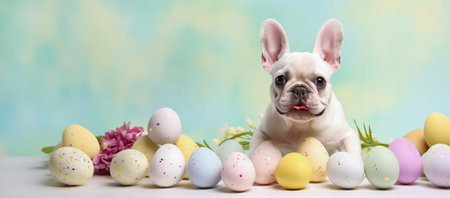 A charming French Bulldog puppy amongst a pastel palette of Easter eggs, a picture of playful innocenceの写真素材