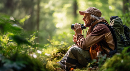 Seasoned hiker in a forest, using binoculars to witness the secrets of nature, Birdwatcher .の写真素材
