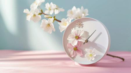 Pastel alarm clock with spring blossoms on a blue backdrop