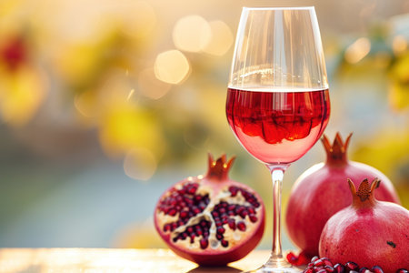 Pomegranate juice in a wine glass, elegant and healthy, soft backlightの写真素材