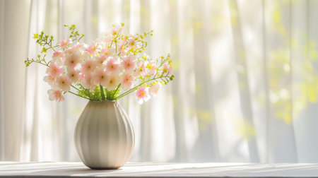 Fresh white tulips in a modern vase bathed in warm sunlightの写真素材