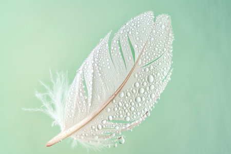 Delicate feather with droplets of morning dew, soft pastel green background, symbolizing lightness and new beginningsの写真素材