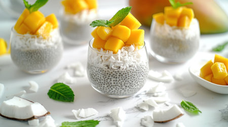 Healthy chia pudding topped with fresh mango cubes and shredded coconutの写真素材