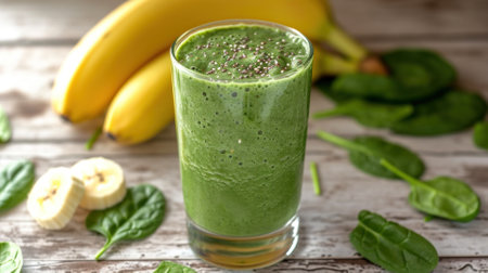 A creamy green spinach and banana smoothie topped with chia seeds, capturing a blend of health and taste, perfect for fitness enthusiastsの写真素材