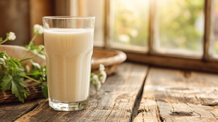 Glass of kefir on a rustic wooden table, morning light streaming through a windowの写真素材