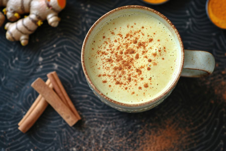 Nestled amongst cozy knits, a golden turmeric latte promises a blend of comfort and health, concept: nourishing indulgenceの写真素材
