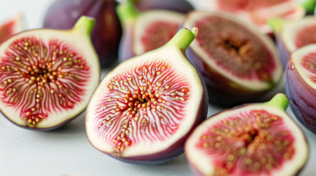 Fresh figs halved, revealing intricate textures, rich purple and green