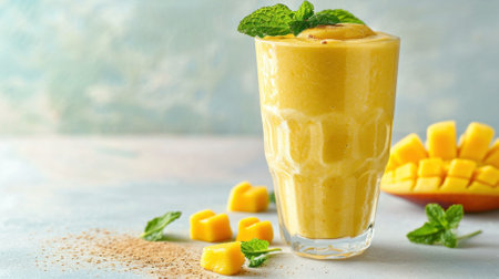 Bright yellow mango smoothie topped with mint, mango cubes, and cinnamon nearby.の写真素材