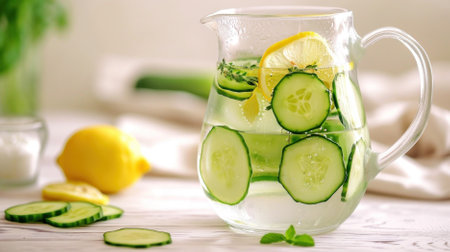 Lemon and cucumber infused water in glass pitcheの写真素材