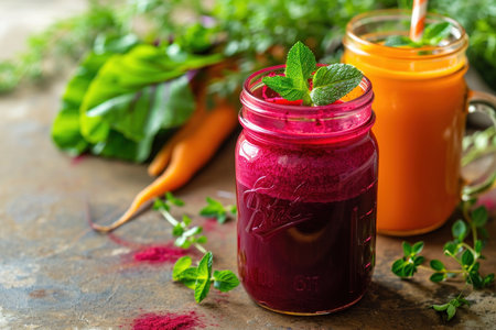 Fresh beet and carrot juice in mason jars, garnished with mint on rustic background.の写真素材