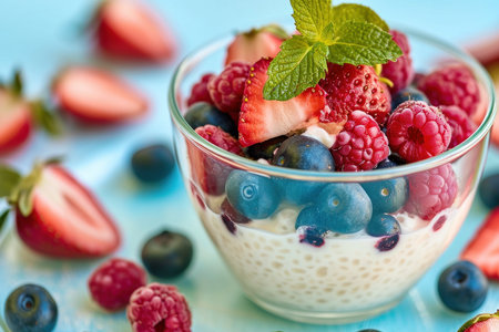 Kefir with fresh berries, colorful and nutritious breakfast scene,の写真素材