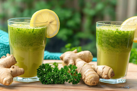 Parsley juice with lemon and ginger, detoxifying and fresh, bright morning lightの写真素材