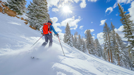 Traversing a serene, snow-covered trail, a skier enjoys the solitude of a mountainous winter wonderland, concept: peaceful explorationの写真素材