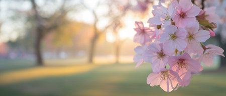 Cherry blossoms in full bloom, close-up shot, soft focus on pink petals, background blur of a park,...