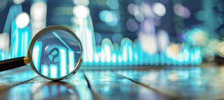 Magnifying glass focusing on key financial chart points, with blurred cityscape background.