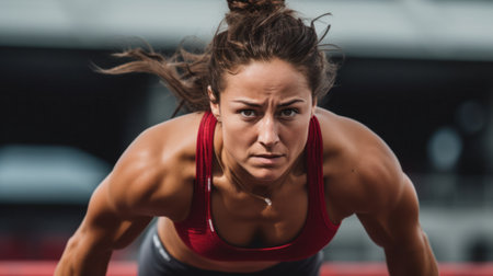 An athletic woman sprints through the city, her hair trailing behind her, in a moment that captures both her speed and the urban hustle.の素材