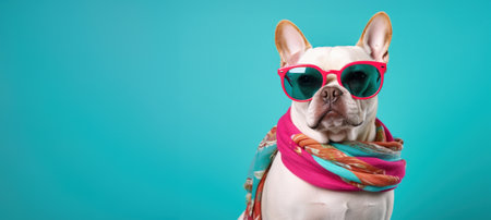 Stylish French Bulldog sporting trendy sunglasses and a colorful scarf, epitomizing cool pet fashion, green blue background, copy space .の素材