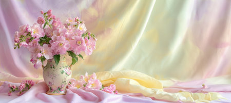Blossoming branches artfully displayed in an ornate vase, with draping satin textiles lending a dreamlike quality, concept: elegant tranquility..の写真素材