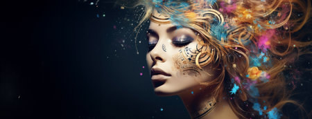 A fantasy-inspired image of a woman with a celestial theme, where cosmic elements and music notes blend into her flowing hair, portraying a dreamlike state of creativity and imaginationの素材