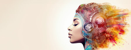 Futuristic woman portrait with urban and nature elements, symbolizing harmony and diversity.の素材