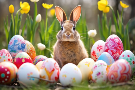 A portrait of Easter tranquility with a rabbit amidst wildflowers, overseen by a pastel egg garland dancing in the breezeの写真素材