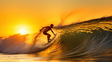 Surfer catching a wave during golden hour