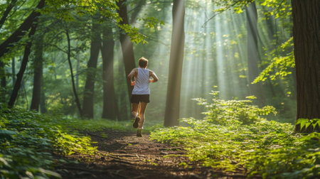 Runner in a forest, jogging away from the camera, lush greenery, sun rays piercing through trees,...