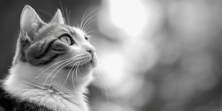 Black and white photo of a cat gazing outsideの写真素材