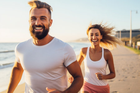 Energetic man and woman runners bonding over a fitness routine in the sunshine.の素材