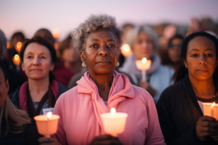 Reflective group of women at twilight candlelight vigil, symbolizing unity and support.の素材