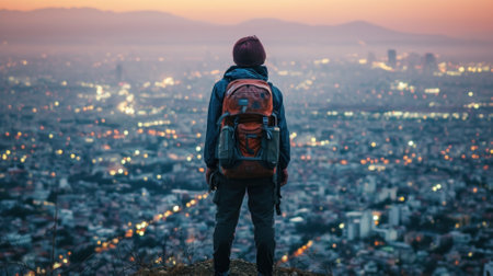 Explorer Overlooking City Lights at Dusk
