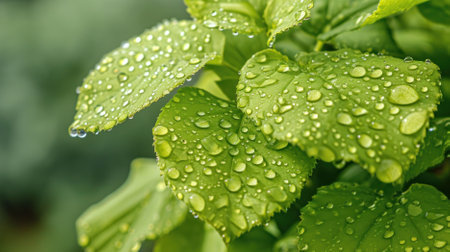 Close-up of raindrops on new green leaves, macro shot, focus on the freshness of spring.