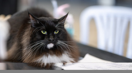 Stunning black Maine Coon cat with vibrant green eyes and a fluffy white chest sitsの写真素材