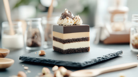 A nut-based dessert showcases alternating layers of cream and dark chocolate, elegantly presented on a slate pedestal. Soft lighting enhances the luxurious texture amid natural props.の素材